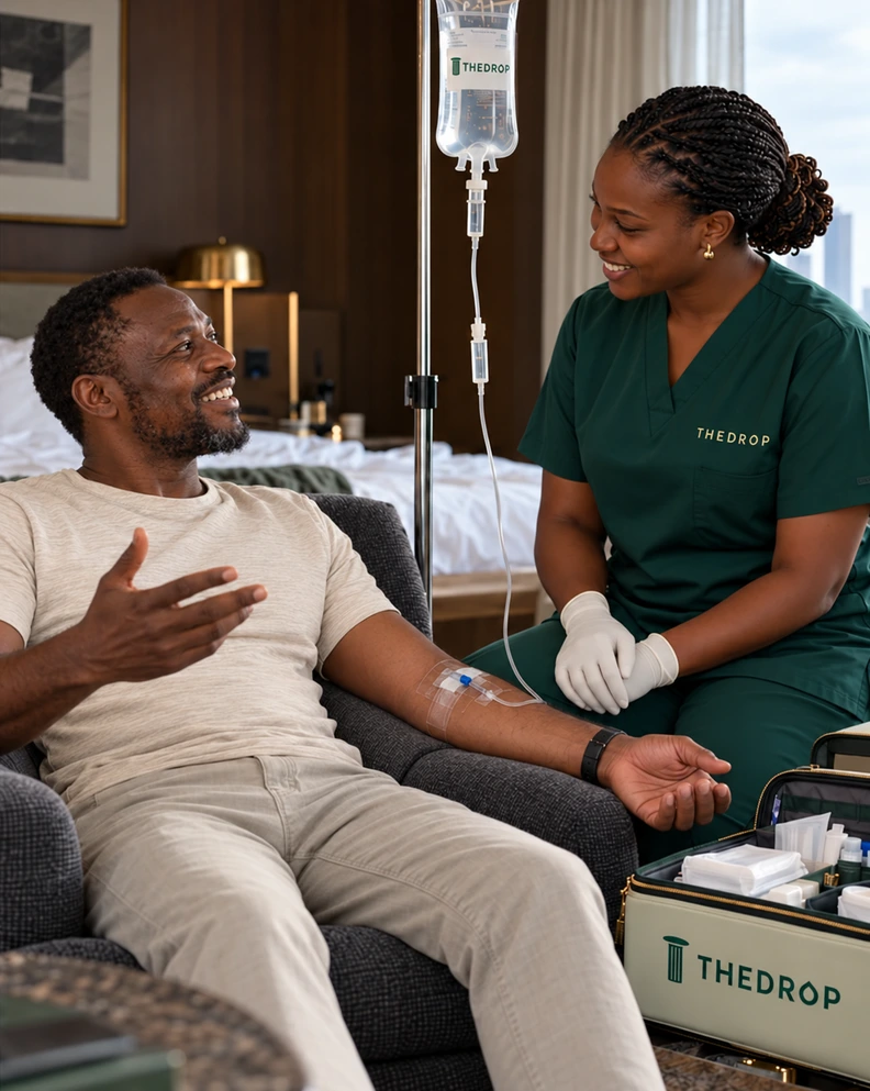 Illustrative THEDROP patient and clinician during an IV care visit